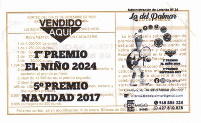 Reverso del d&eacute;cimo 35800 con el sello de la Administraci&oacute;n n&ordm; 24 &laquo;La del Palmar&raquo;, en El Palmar (Murcia)